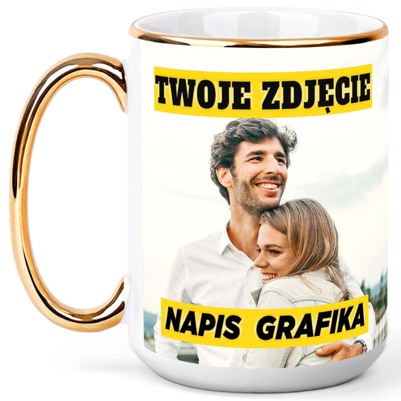 Duży Kubek Złoty Uchwyt z Własnym Nadrukiem