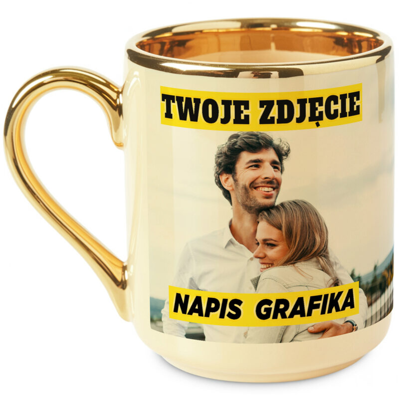 Personalizowany Kubek Kawowy Złoty Kremowy ze Zdjęciem Fotokubek Własny Nadruk